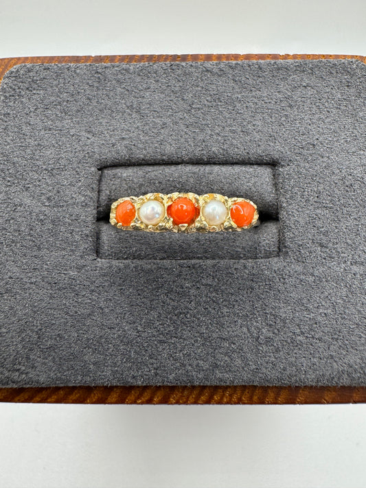 9ct gold coral and pearl ring