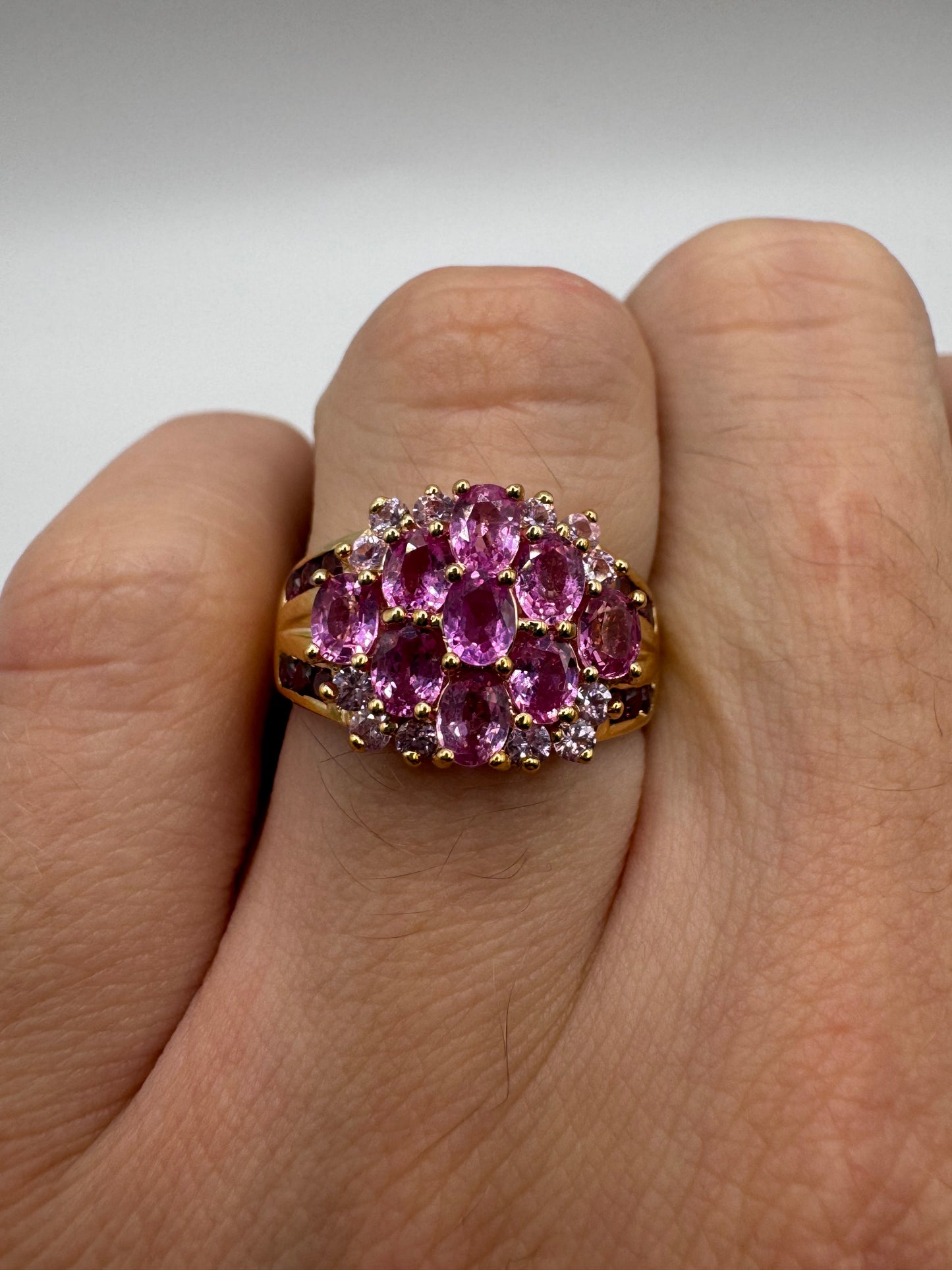 Heavy 9ct gold pink sapphire and pink topaz ring