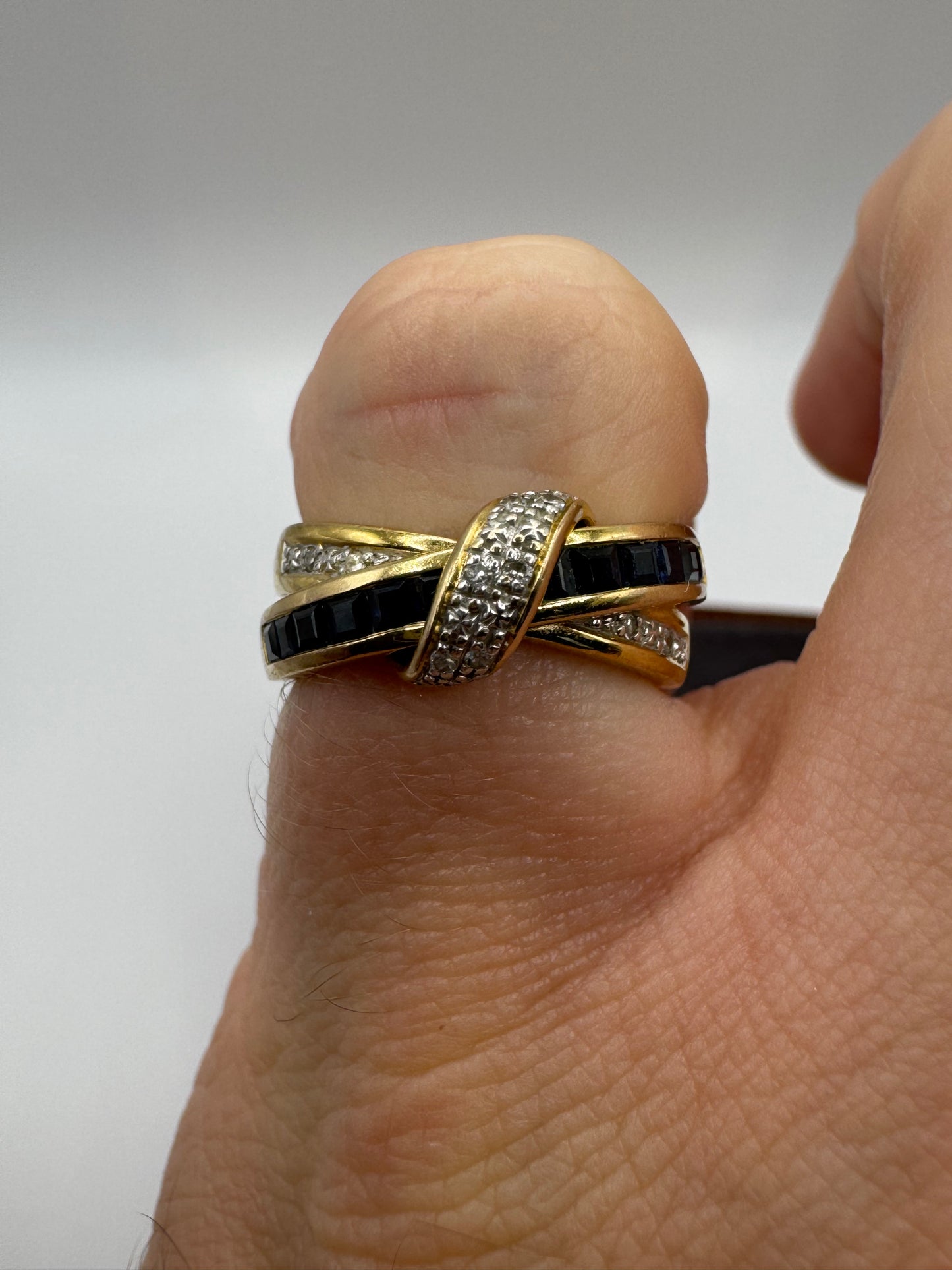 9ct gold sapphire and diamond crossover ring