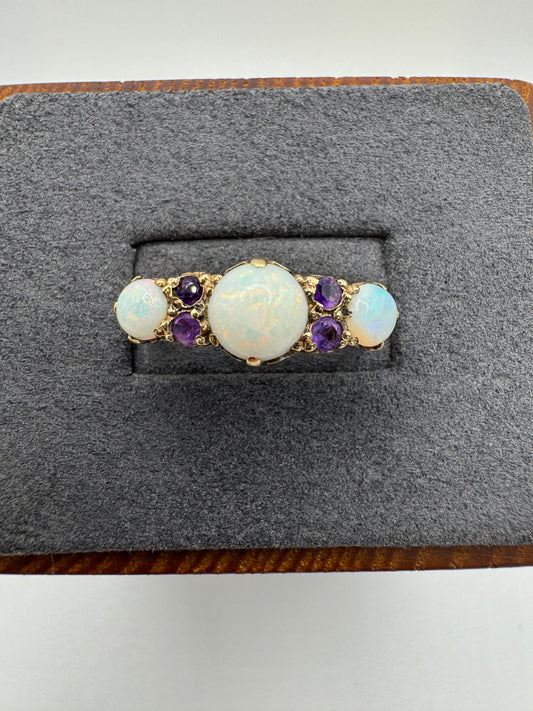 Antique 9ct gold opal and amethyst ring