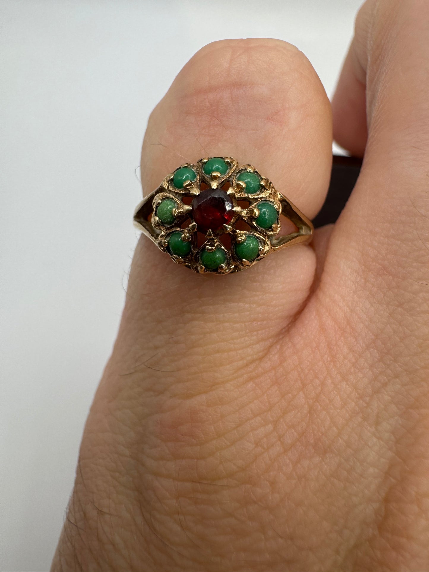 Antique 9ct gold garnet and turquoise cluster ring