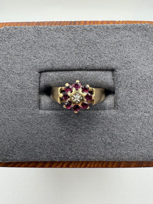 9ct gold ruby and diamond cluster ring