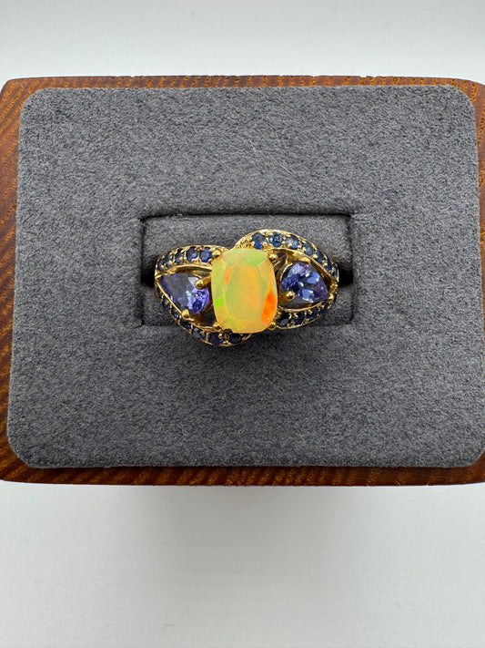 9ct gold opal, tanzanite and sapphire ring