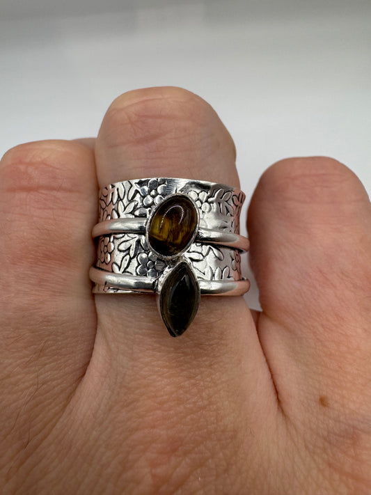 Silver tigers eye and teal quartz spinning ring (9-S)