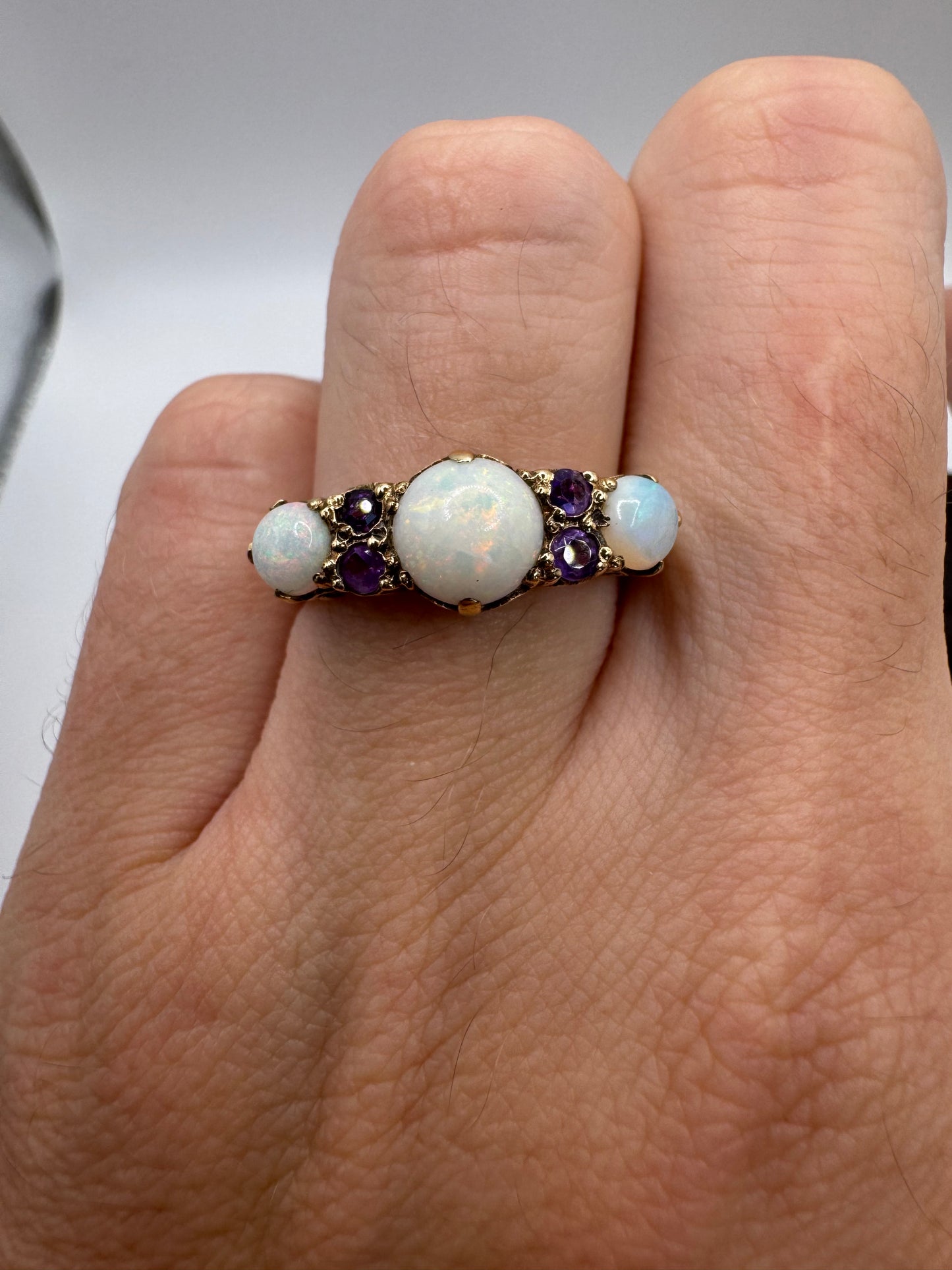 Antique 9ct gold opal and amethyst ring