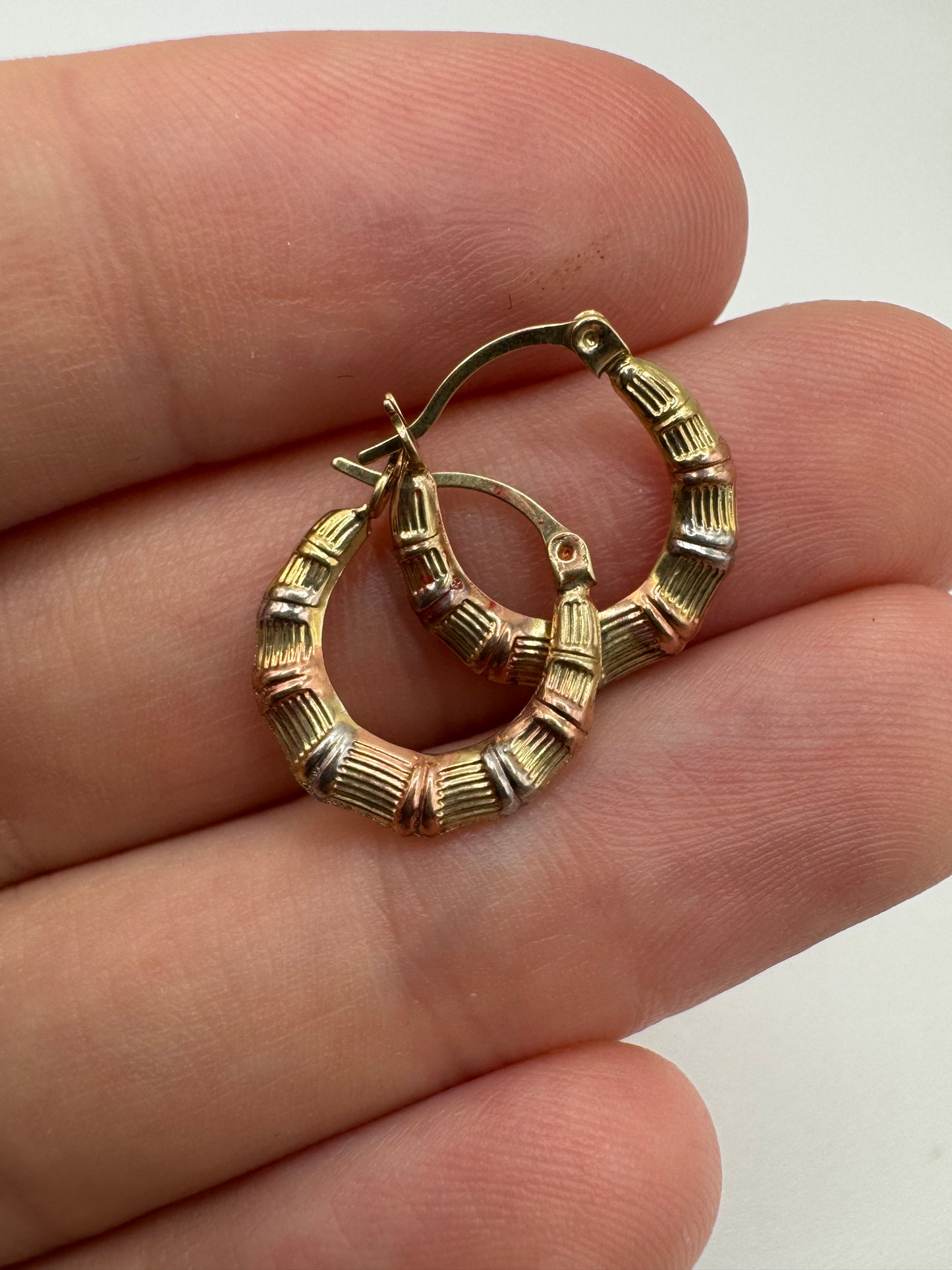 9ct tri-gold bamboo creole earrings