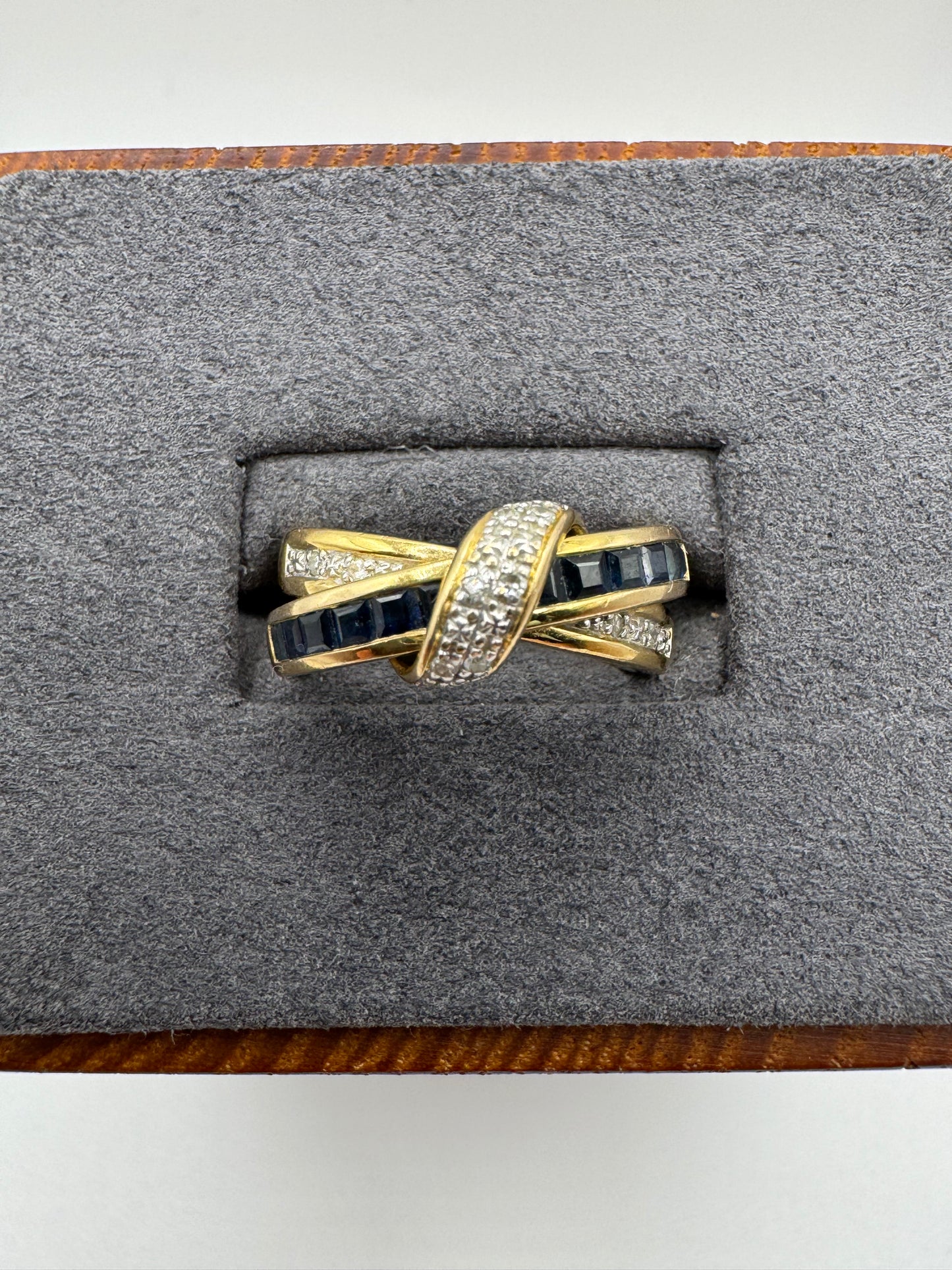 9ct gold sapphire and diamond crossover ring