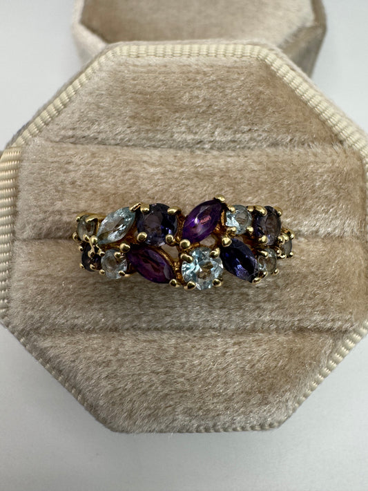9ct gold amethyst, tanzanite and topaz ring