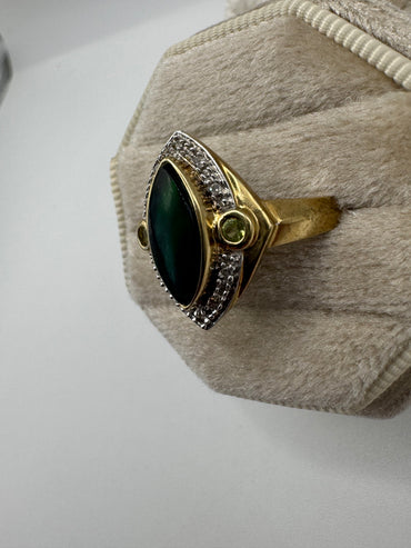 9ct gold ammolite, peridot and diamond ring