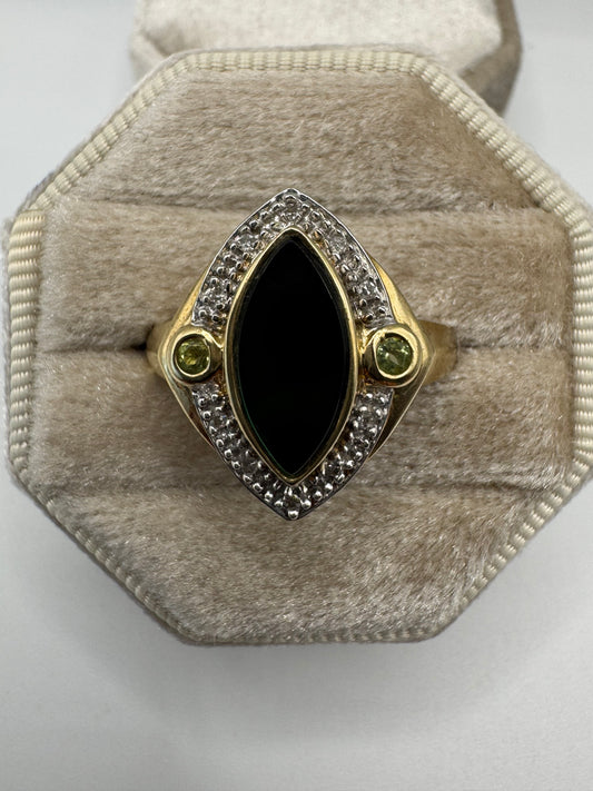 9ct gold ammolite, peridot and diamond ring