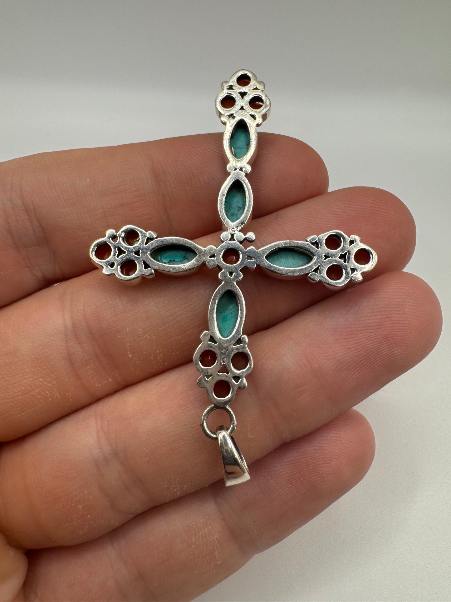 Silver coral and turquoise cross pendant