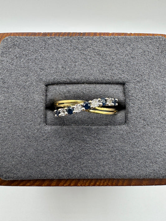 9ct gold sapphire and diamond crossover ring