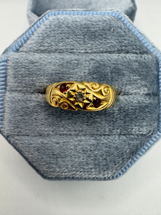 Antique 18ct gold ruby and diamond engraved gypsy ring