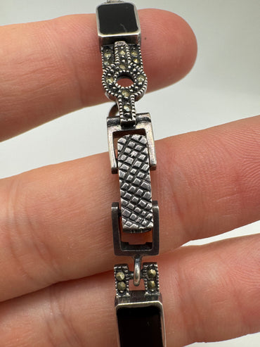 Silver jet and marcasite bracelet