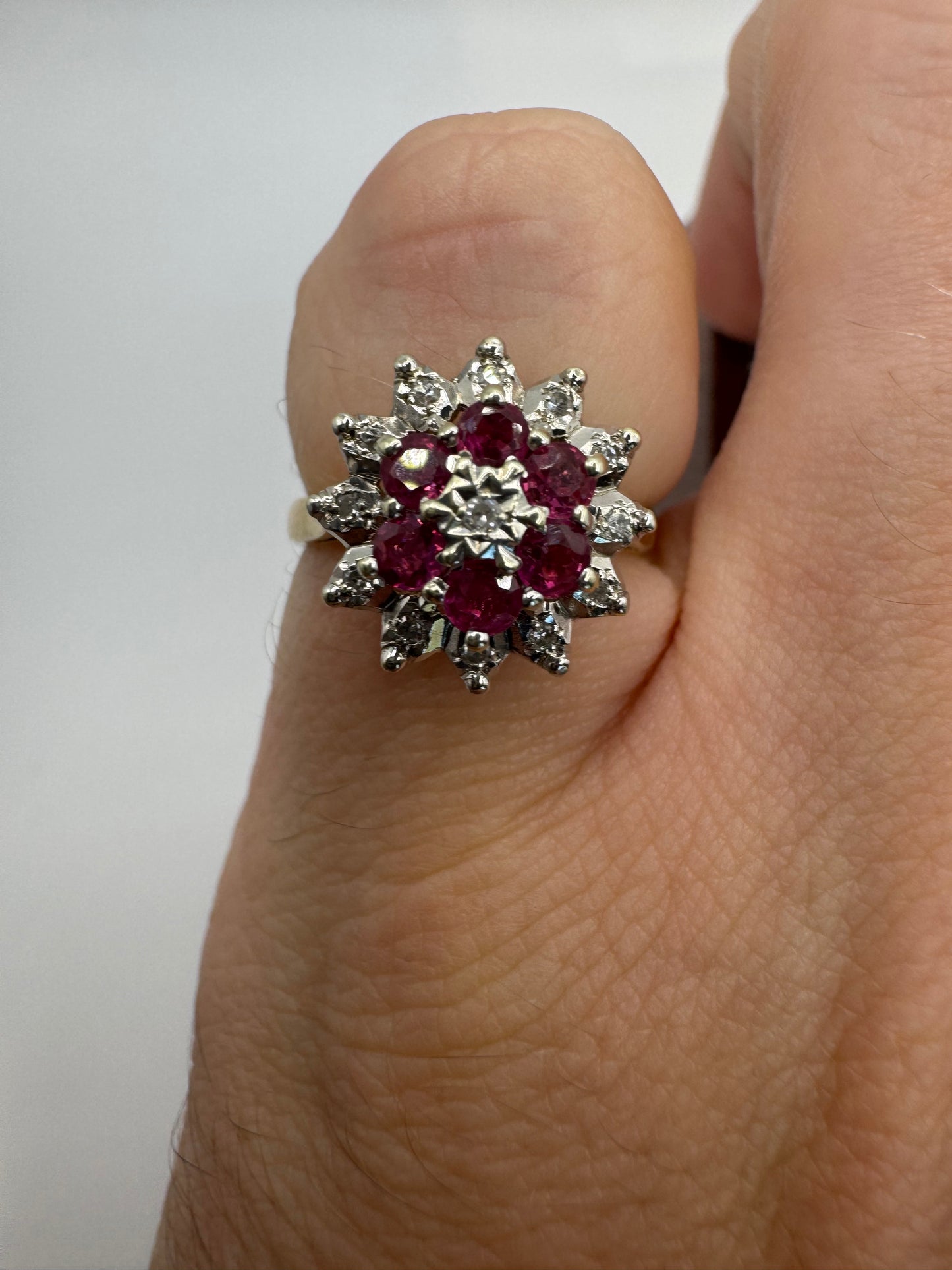 9ct gold ruby and diamond cluster ring