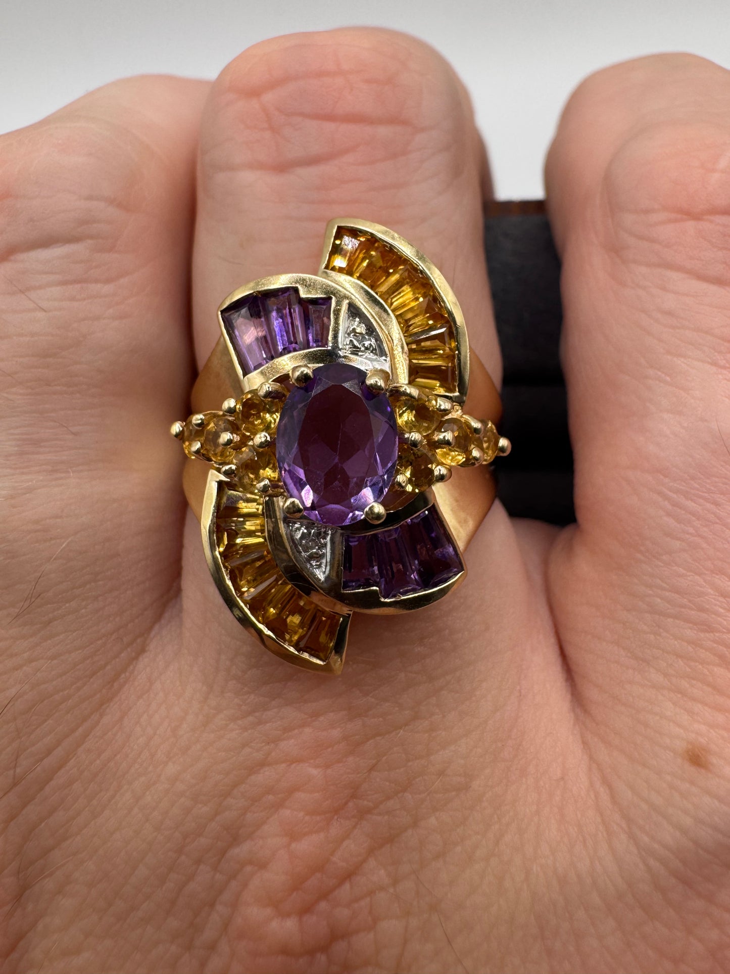 Heavy 9ct gold amethyst, citrine and diamond cocktail ring