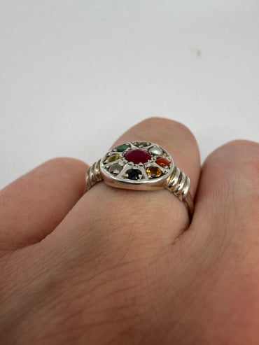 Silver multi-gem and diamond ring