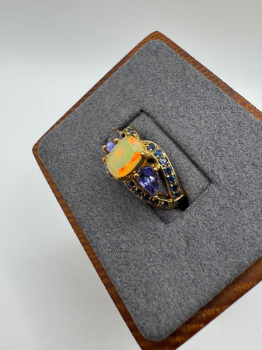 9ct gold opal, tanzanite and sapphire ring