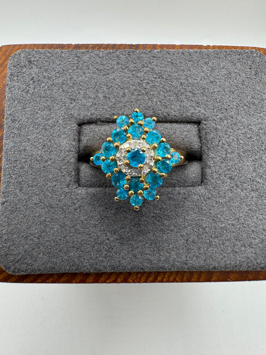 9ct gold blue apatite and diamond cluster ring