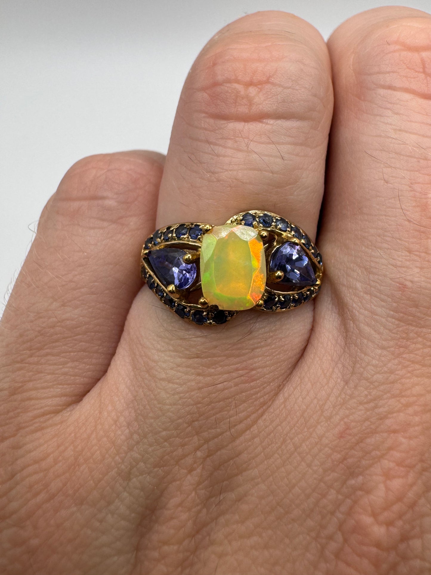 9ct gold opal, tanzanite and sapphire ring