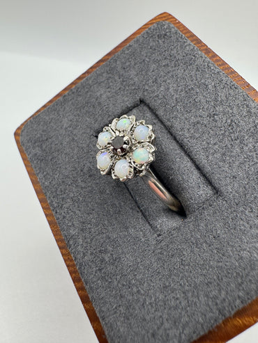 Antique 9ct two-tone gold garnet and opal cluster ring