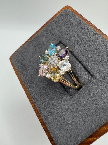 9ct gold multi-gemstone and zircon flower ring