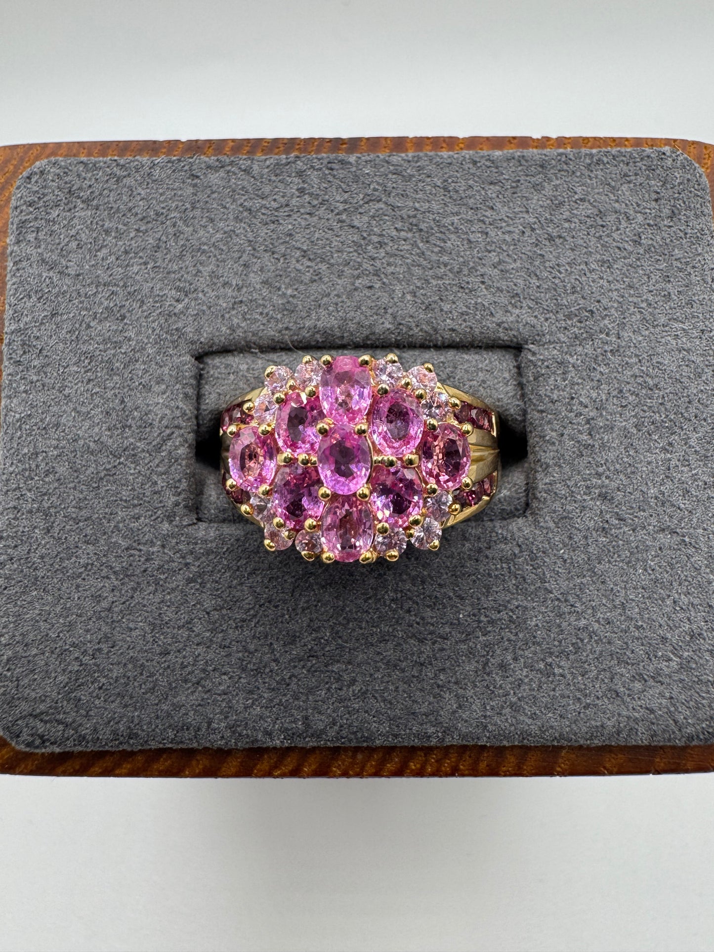 Heavy 9ct gold pink sapphire and pink topaz ring