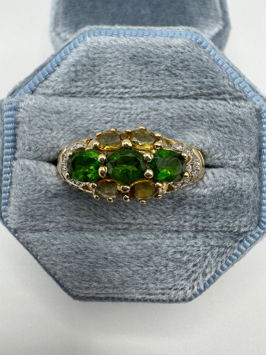 9ct gold diopside, citrine and diamond ring