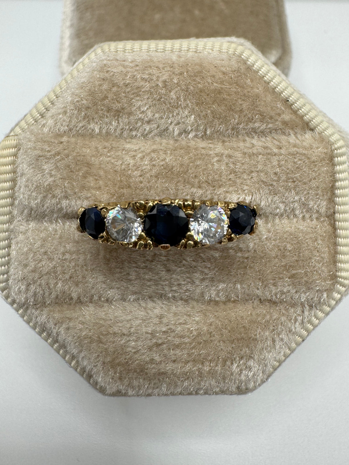 Vintage 9ct gold sapphire and white topaz ring