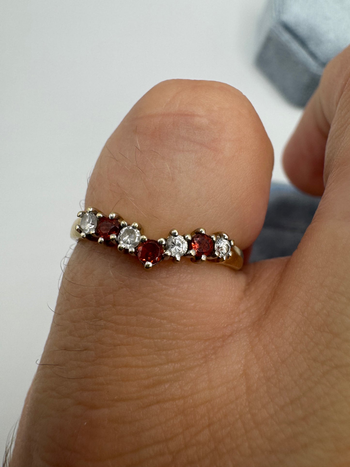 9ct gold garnet and cz wishbone ring