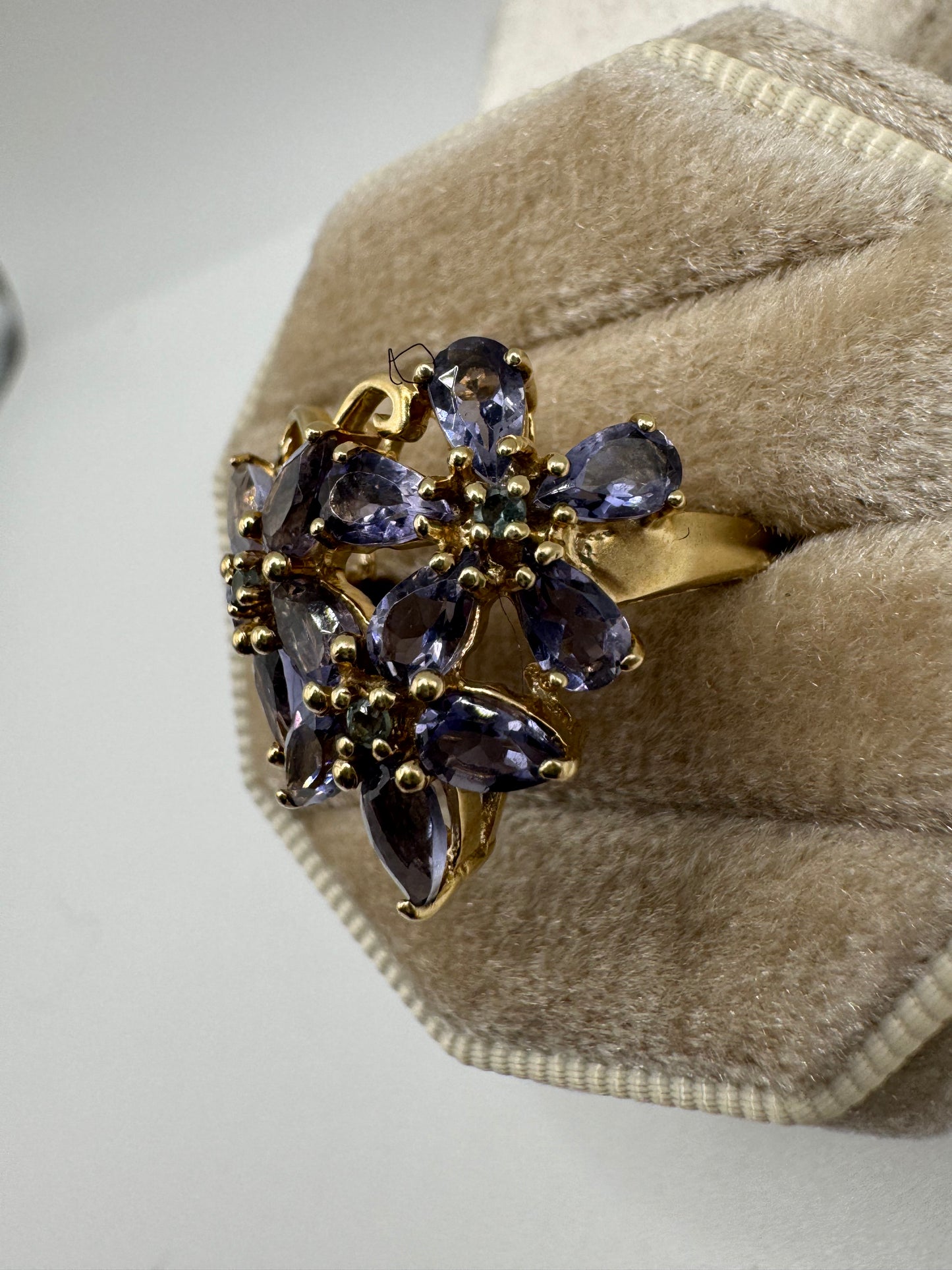 9ct gold topaz and tanzanite flower cluster ring