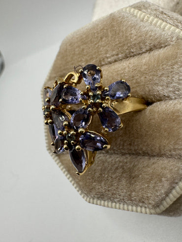 9ct gold topaz and tanzanite flower cluster ring