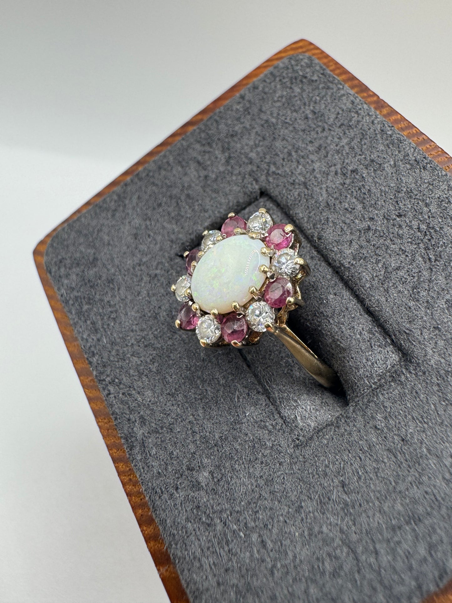 9ct gold opal, ruby and cz cluster ring