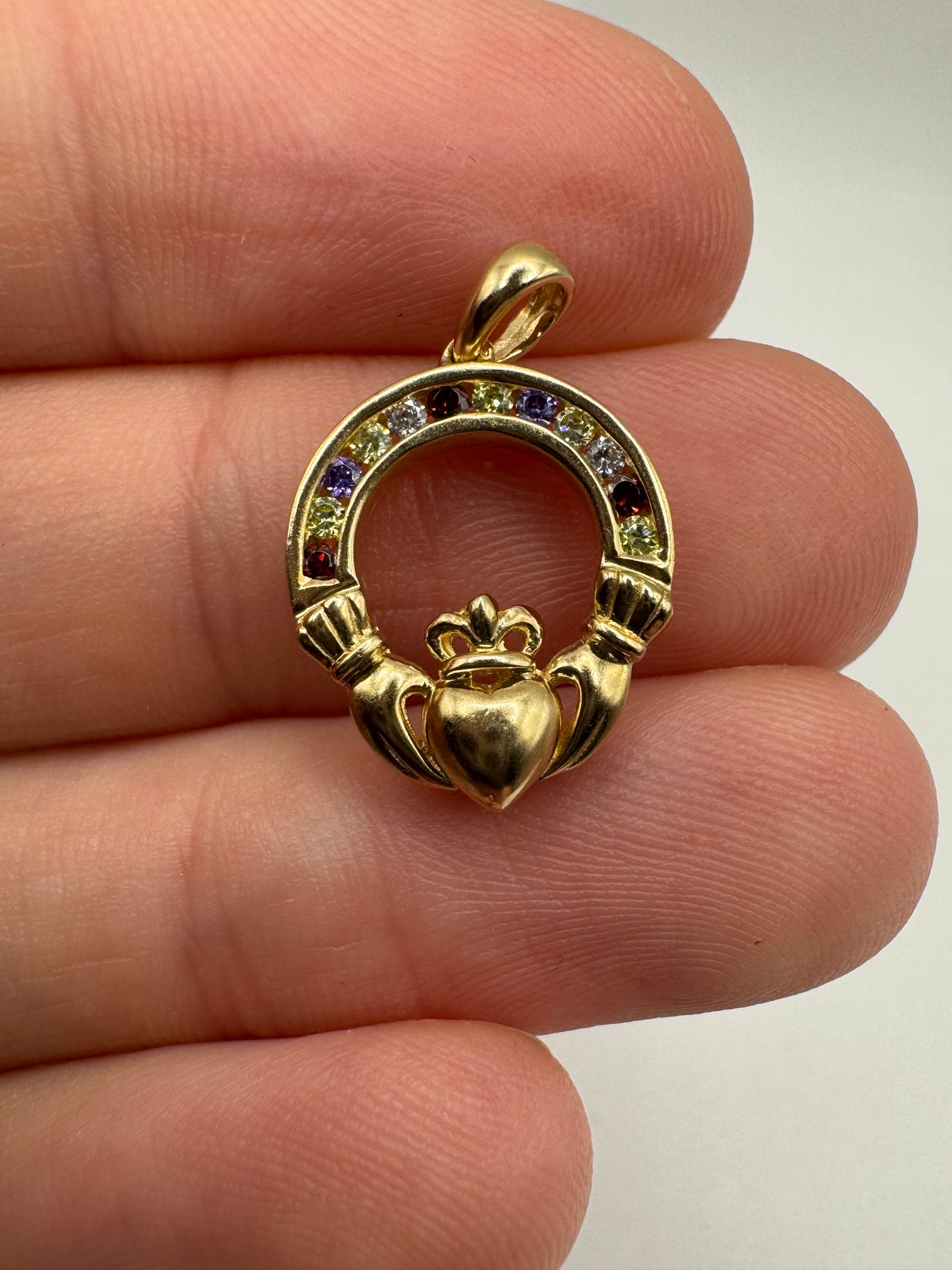 9ct gold multi-coloured sapphire claddagh pendant