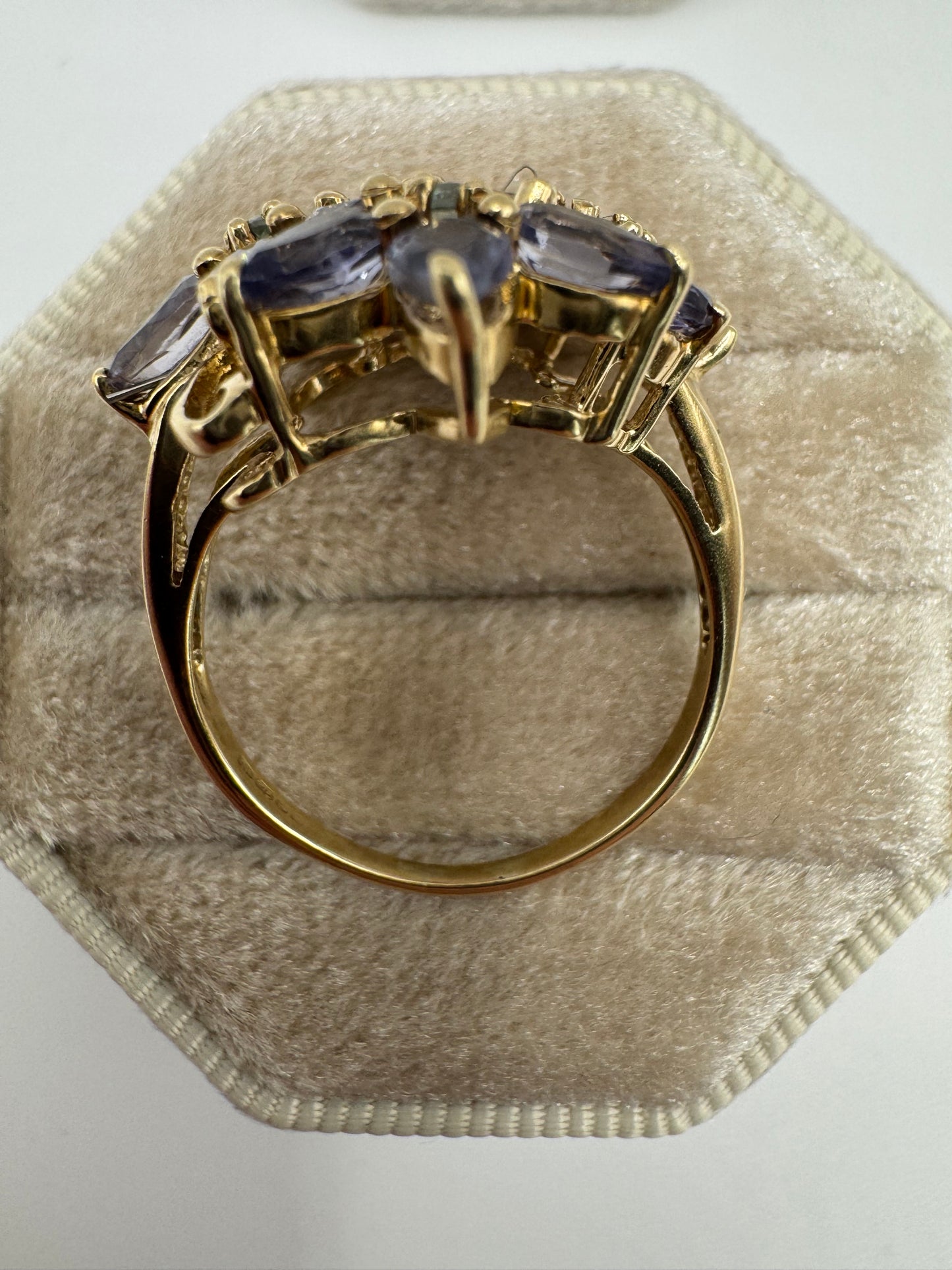 9ct gold topaz and tanzanite flower cluster ring