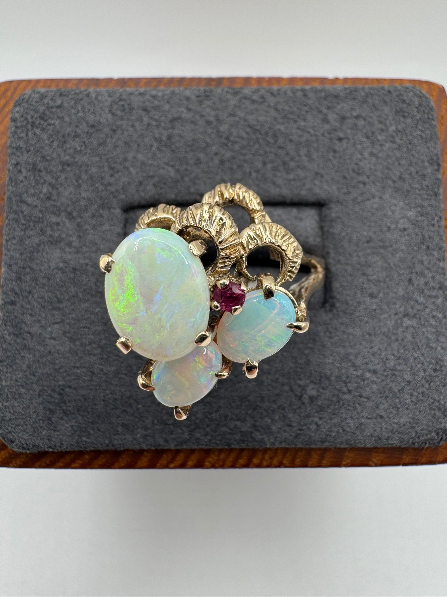 Heavy 9ct gold opal and ruby ring
