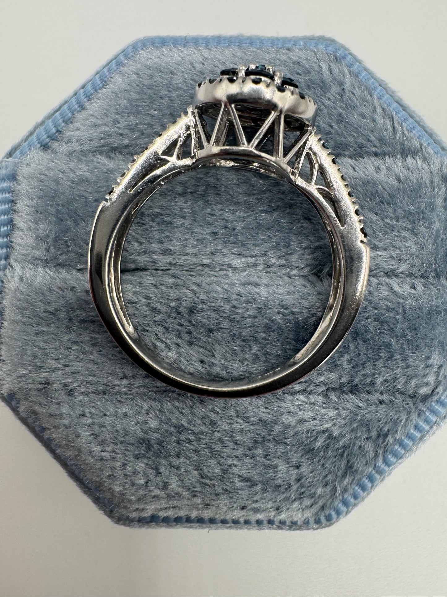 9ct white gold blue diamond cluster ring