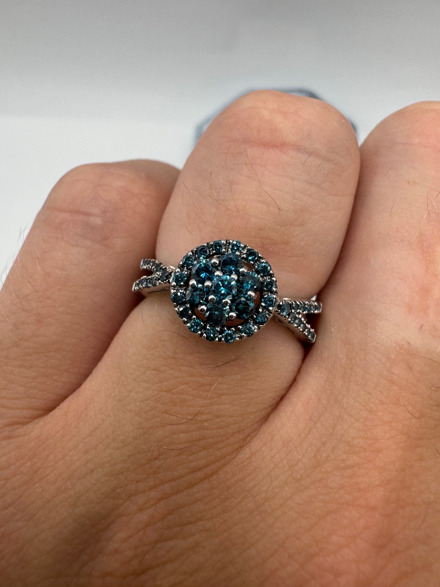 9ct white gold blue diamond cluster ring