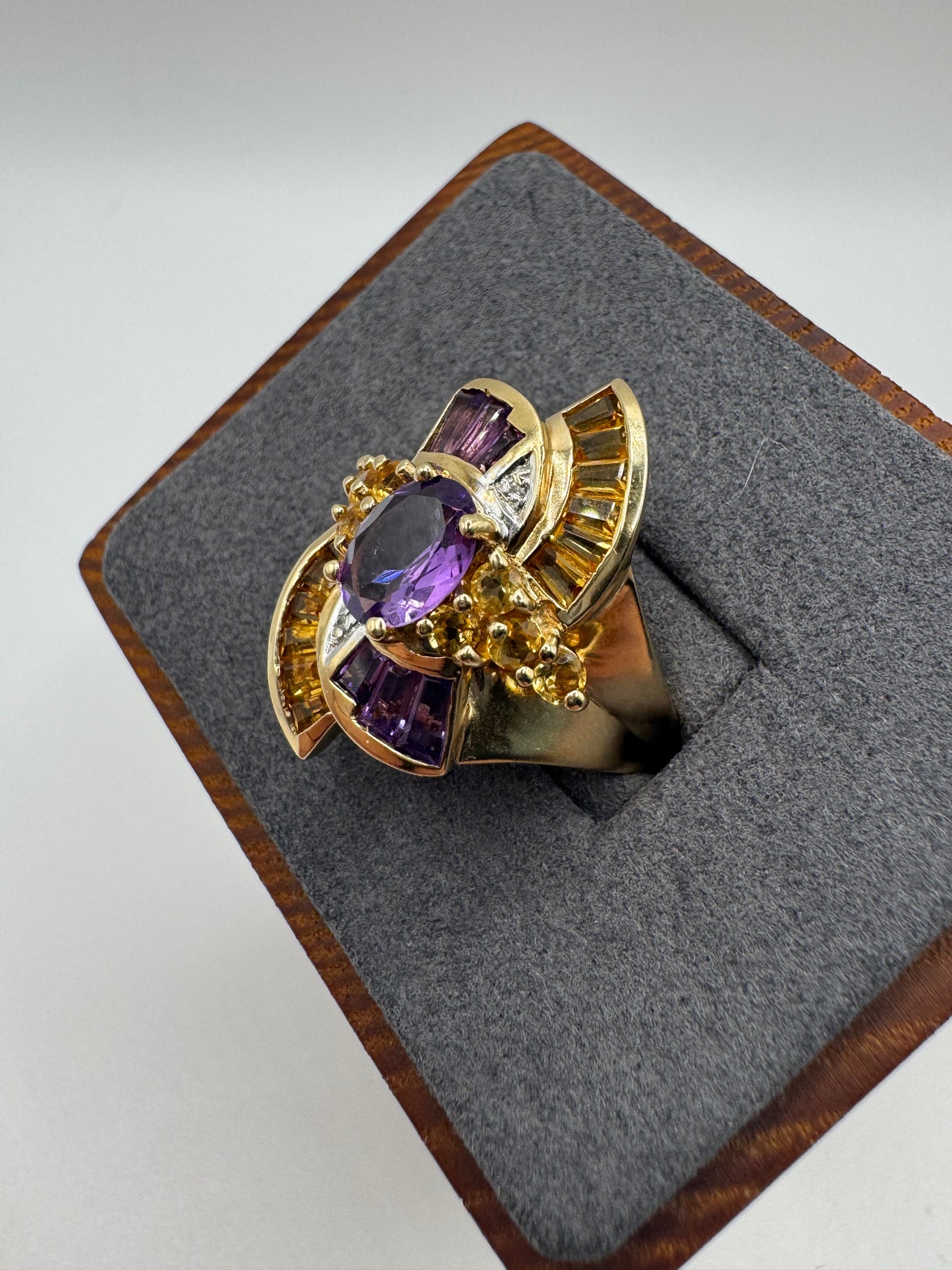 Heavy 9ct gold amethyst, citrine and diamond cocktail ring