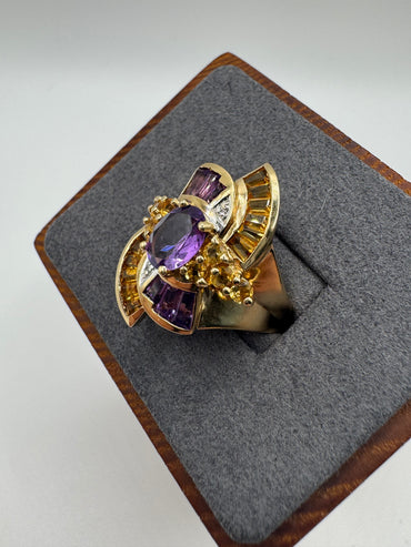 Heavy 9ct gold amethyst, citrine and diamond cocktail ring