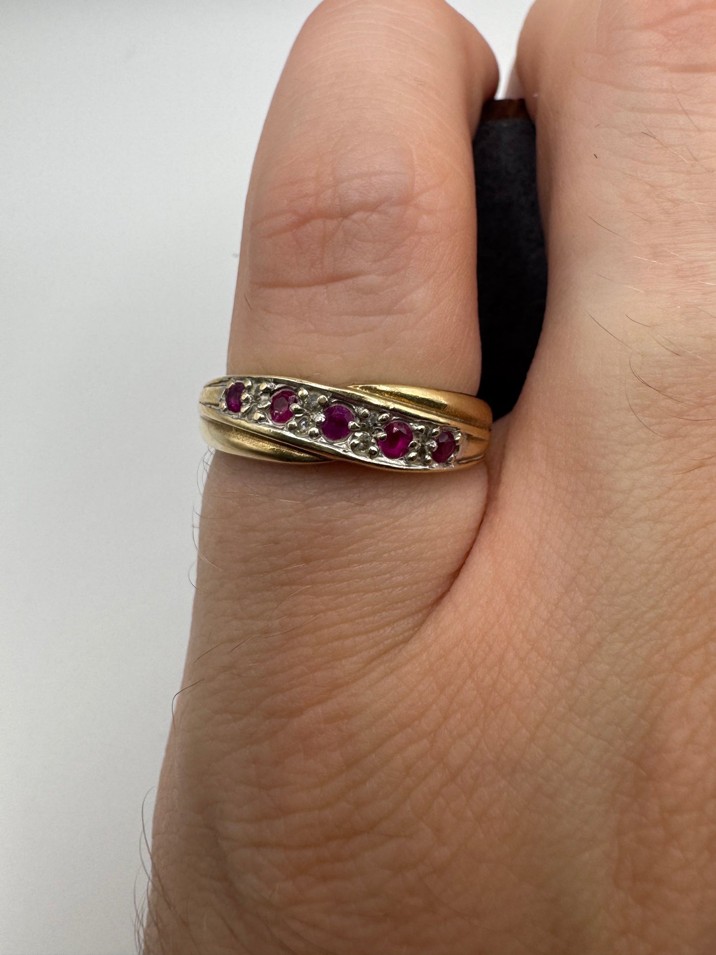 9ct gold ruby and diamond crossover ring