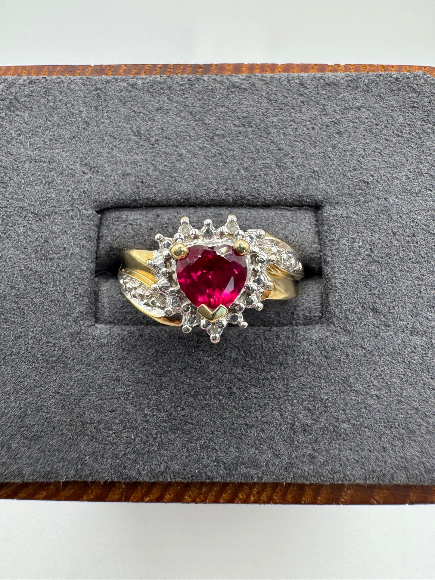 9ct gold synthetic ruby and diamond heart ring