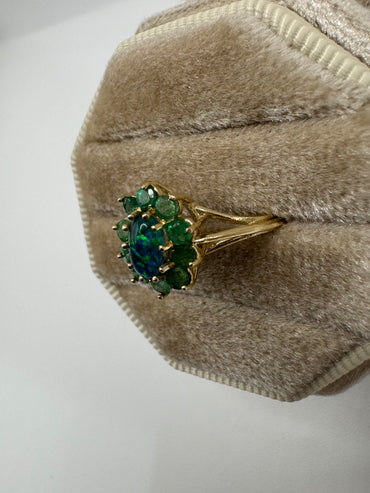 9ct gold black opal triplet and emerald ring