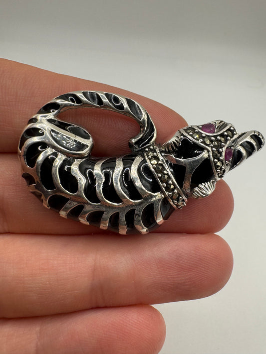 Silver ruby and marcasite enamelled brooch