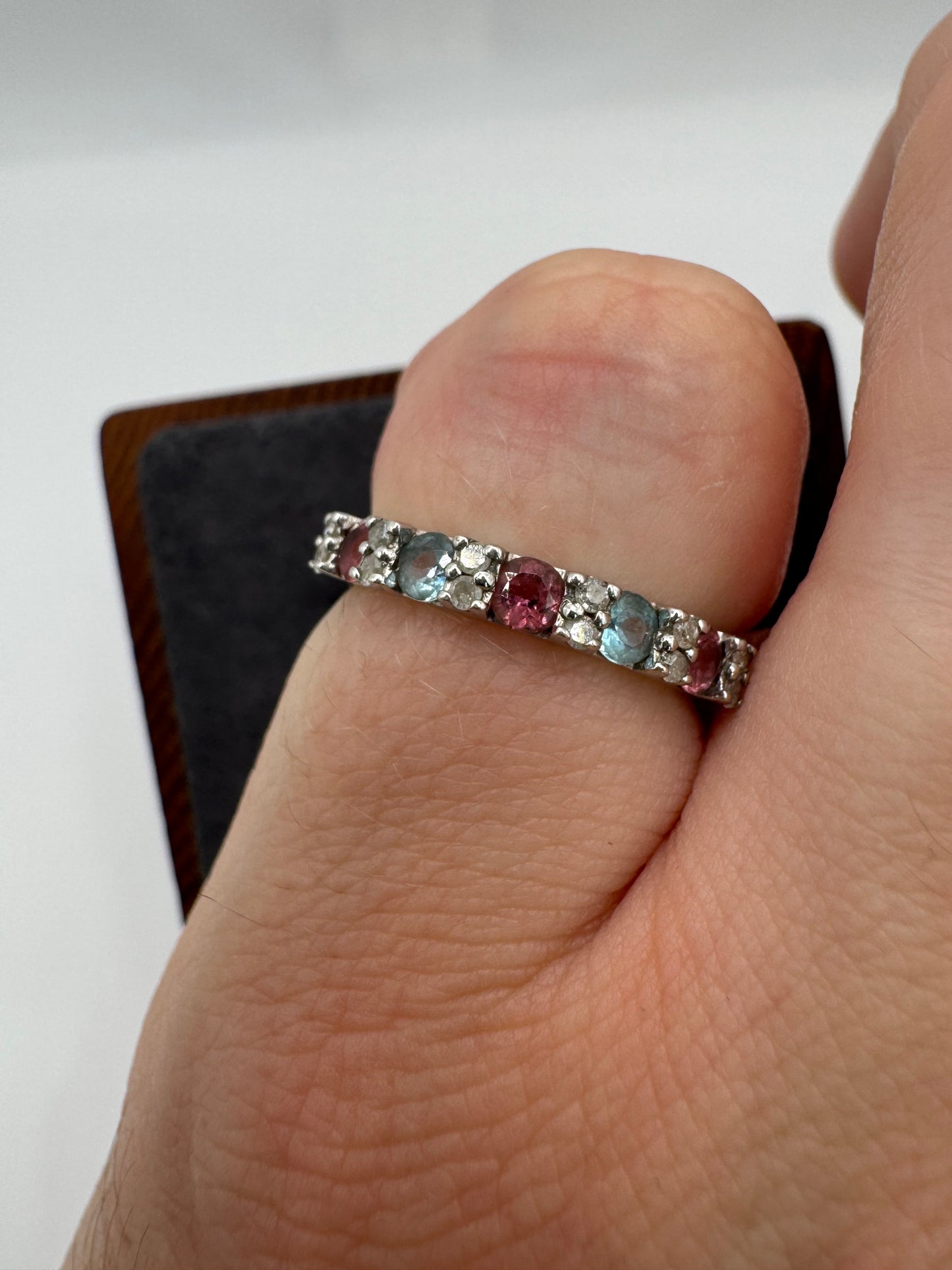 9ct white gold tourmaline, topaz and diamond ring