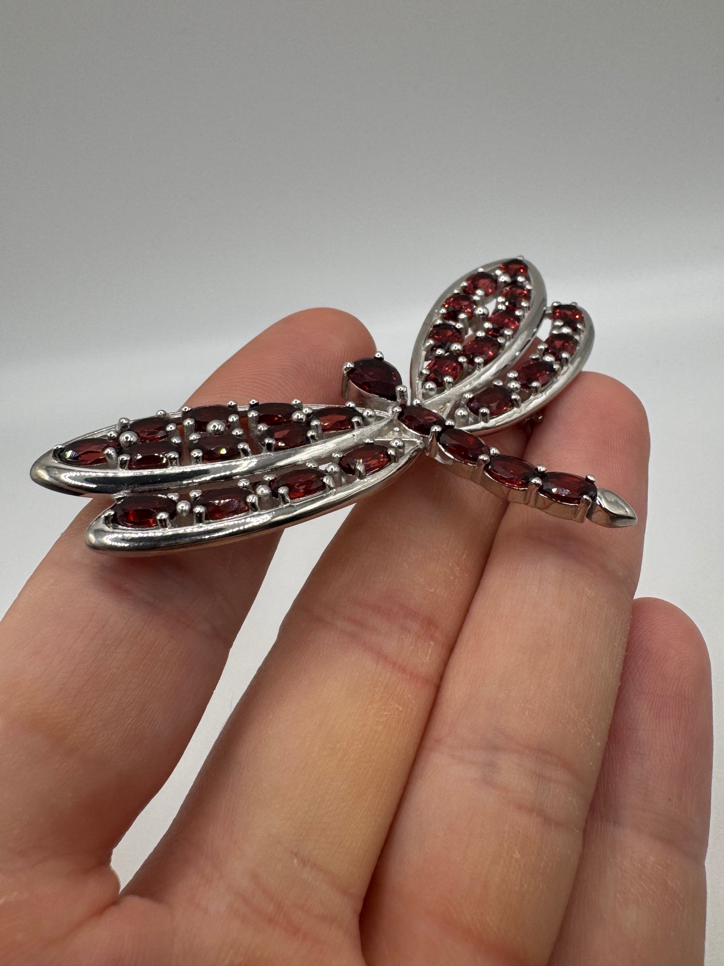 Silver garnet dragonfly brooch