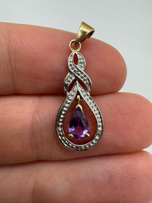 9ct gold amethyst and diamond pendant