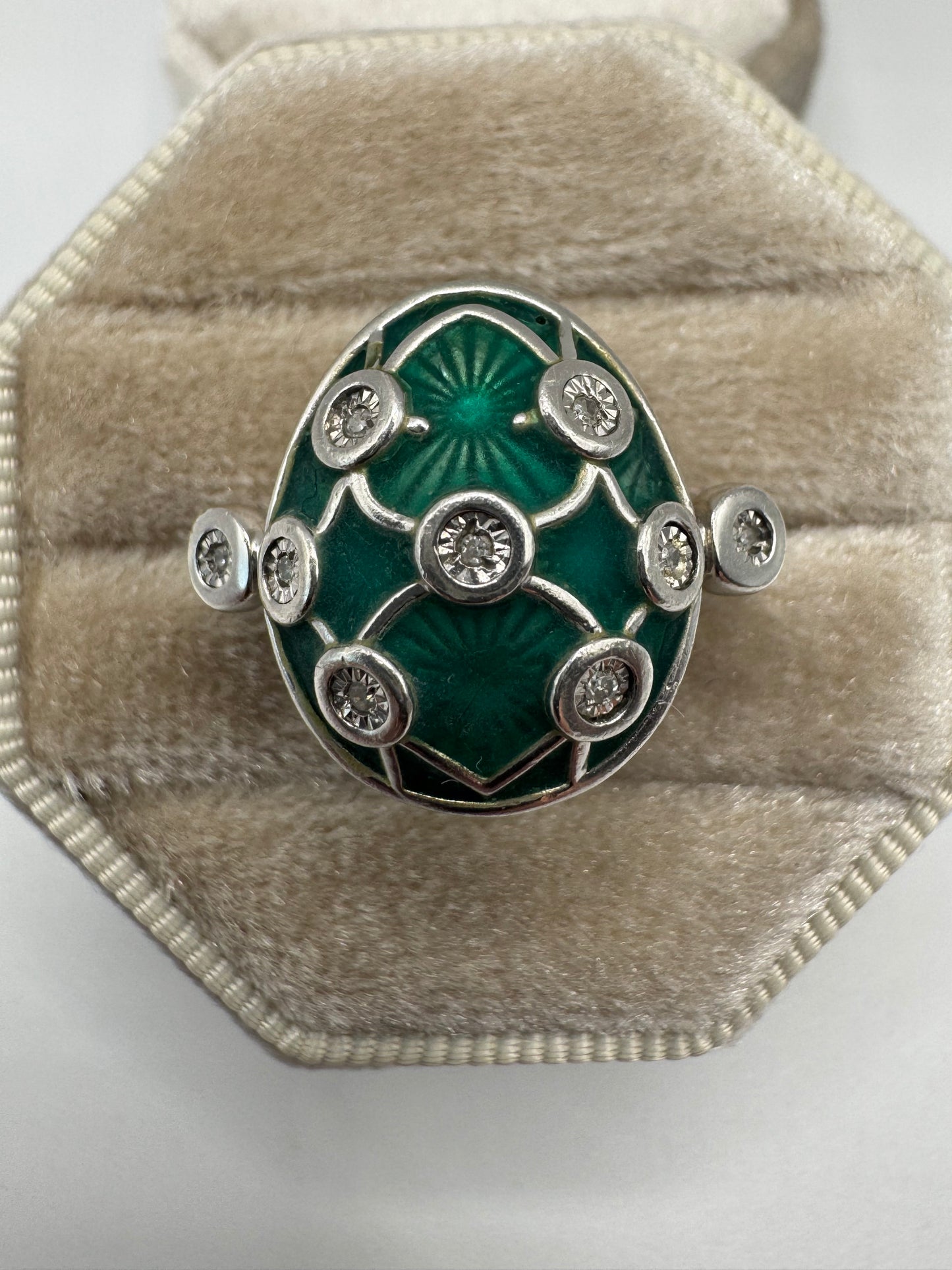 Silver enamelled diamond ring