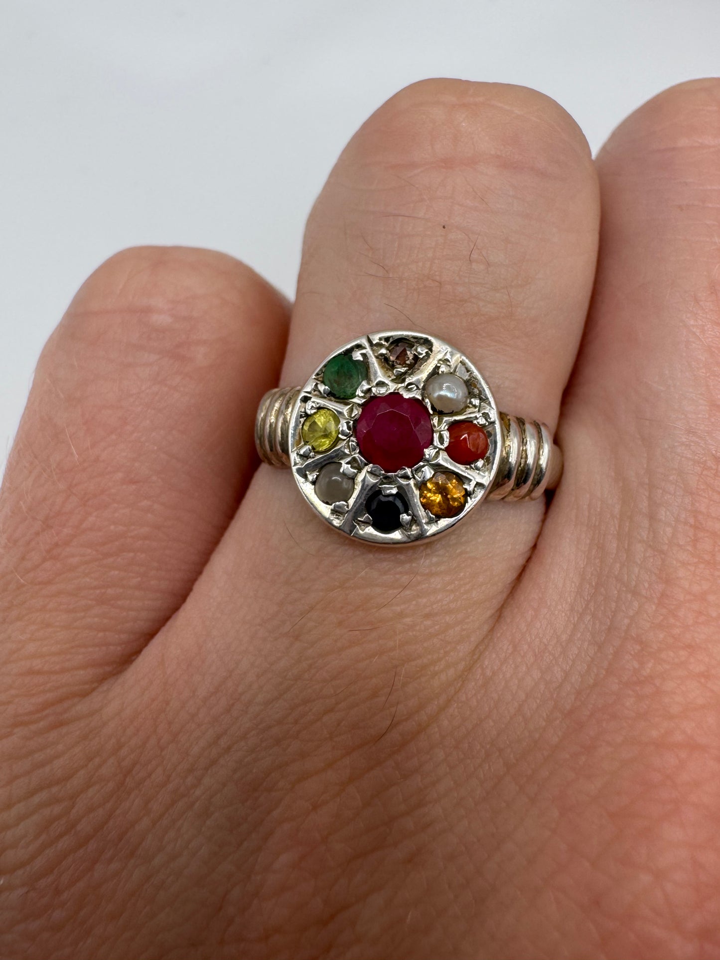 Silver multi-gem and diamond ring