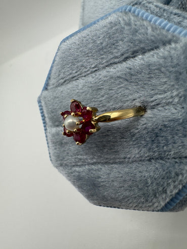 9ct gold pearl and ruby cluster ring